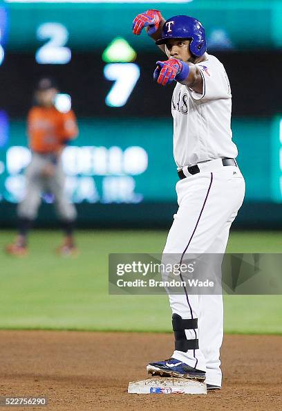 Texas Rangers Andrus Elvis Andrus of the Texas Rangers celebrates a double during the ...