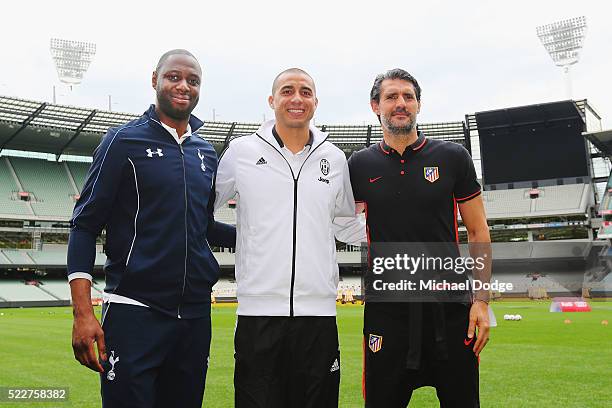 Tottenham Hotspur legend Ledley King Juventus legend David Trezeguet and Atletico de Madrid legend Jose Luis Perez Caminero pose during the...