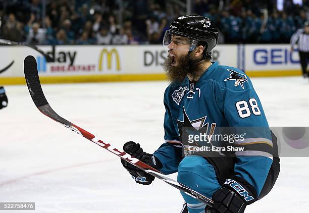Brent Burns of the San Jose Sharks celebrates after he scored a goal in the second period against the Los Angeles Kings in Game Four of the Western...