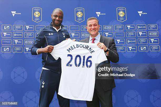 Tottenham Hotspur legend Ledley King is presented a guernsey by Victorian Minister for Tourism and Major Events and Minister for Sport, The Hon. John...