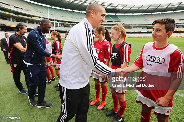 Atletico de Madrid legend Jose Luis Perez Caminero Tottenham Hotspur legend Ledley King and Juventus legend David Trezeguet are greeted by...