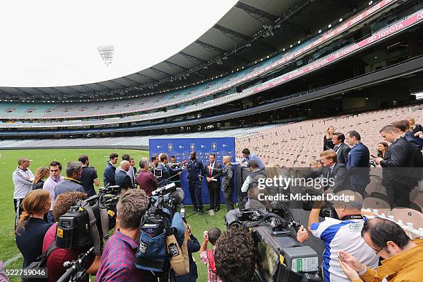 Tottenham Hotspur legend Ledley King speaks to media with Victorian Minister for Tourism and Major Events and Minister for Sport, The Hon. John Eren...