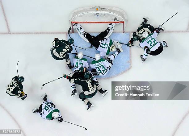 Antti Niemi of the Dallas Stars makes a save in net against the Minnesota Wild during the second period of Game Four of the Western Conference First...