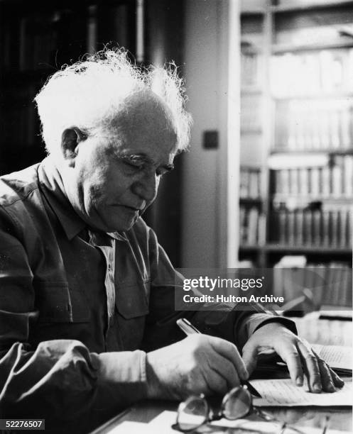 Polish-born Zionist David Ben-Gurion , the first Prime Minister of Israel, sits writing at a desk, 1950s. Ben-Gurion was a leader of the Labor...