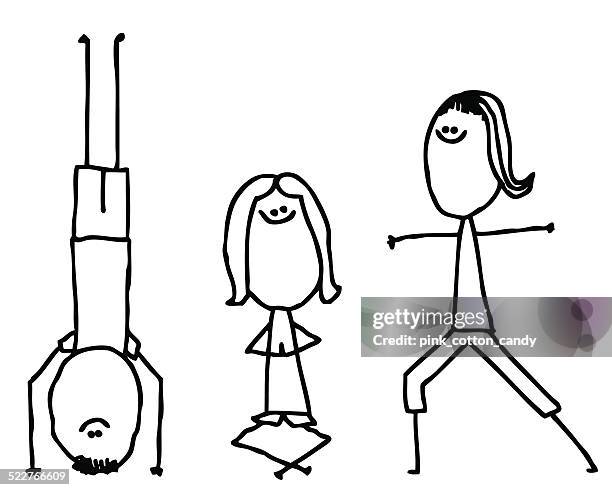 three stick people practicing yoga - warrior pose stock illustrations