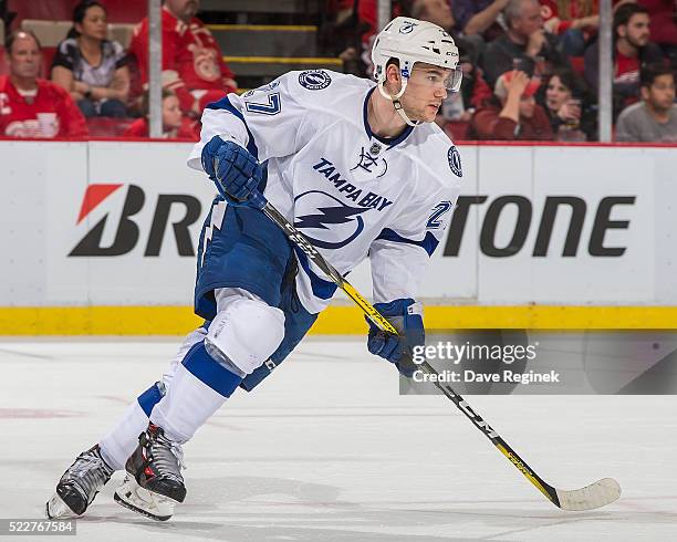 Jonathan Drouin of the Tampa Bay Lightning turns up ice against the Detroit Red Wings during Game Three of the Eastern Conference Quarterfinals...