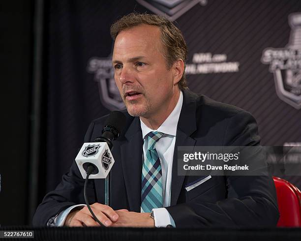 Jon Cooper of the Tampa Bay Lightning answers questions in the post-game press conference after Game Three of the Eastern Conference Quarterfinals...