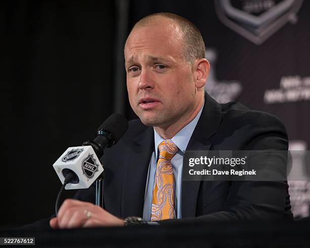 Jeff Blashill of the Detroit Red Wings answers questions in the post-game press conference after Game Three of the Eastern Conference Quarterfinals...