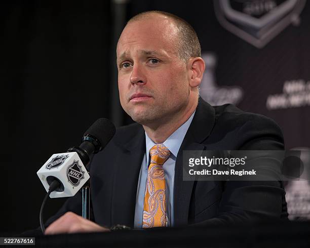 Jeff Blashill of the Detroit Red Wings answers questions in the post-game press conference after Game Three of the Eastern Conference Quarterfinals...