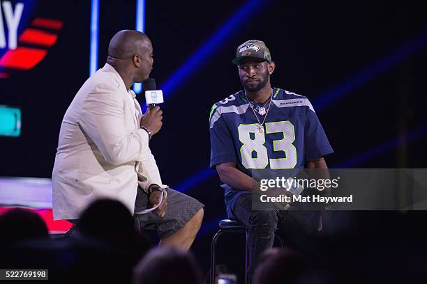 Radio Host Gee Scott and Seattle Seahawks Wide Receiver Ricardo Lockette speak on stage during We Day at KeyArena on April 20, 2016 in Seattle,...