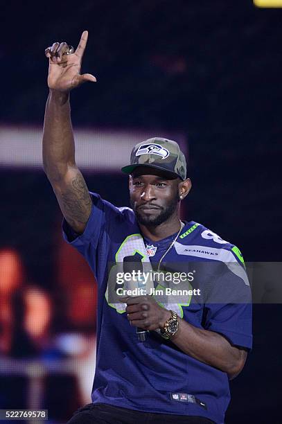 Seattle Seahawks wide receiver Ricardo Lockette speaks during WE Day at KeyArena on April 20, 2016 in Seattle, Washington.