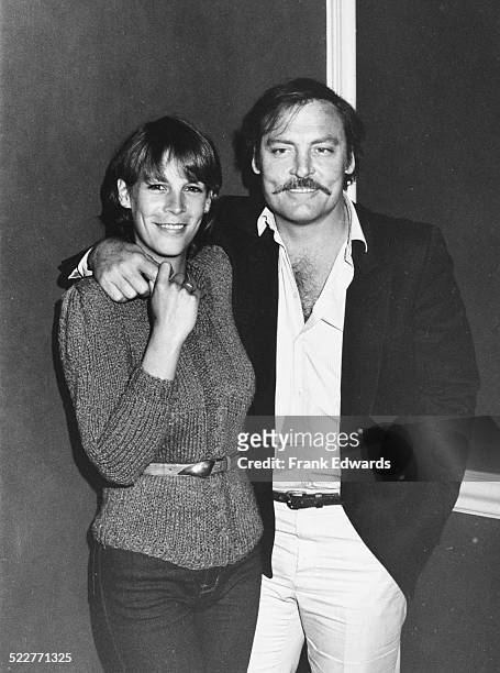 Actors Jamie Lee Curtis and Stacy Keach, attending a press brunch to discuss their careers, with the Hollywood Foreign Press, Los Angeles, March 1981.