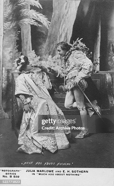 Postcard portrait of actors Julia Marlowe and Edward Sothern, in costume, acting out a scene from the Shakespeare play 'Much Ado About Nothing',...