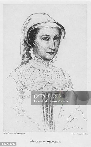 Engraved sketch portrait of Margaret of Navarre, or Angouleme, circa 1530. Engraved by David Rosen from the original by Francois Clouet.