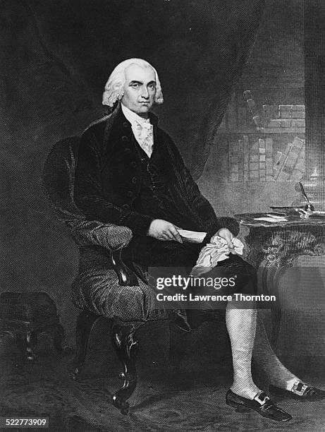Engraved portrait of American statesman James Madison, seated at a writing desk, circa 1800.