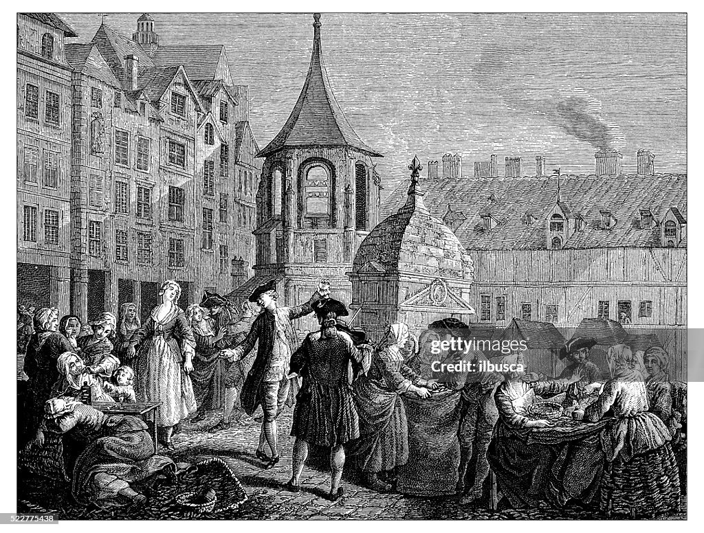 Antique illustration of 18th century market of the Innocents (Paris)