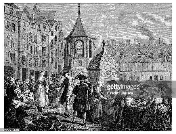 antique illustration of 18th century market of the innocents (paris) - 18th century stock illustrations