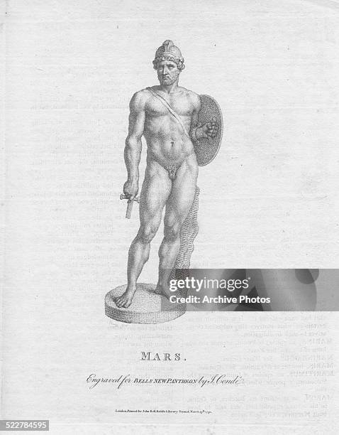 Engraving depicting a statue of the Roman God of War, Mars, engraved for Bell's New Pantheon by J Conde.