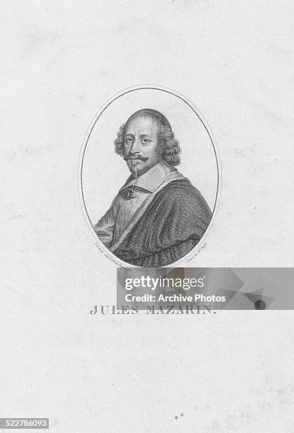 Engraved portrait of Colonel Jules Mazarin, Chief Minister of France, circa 1640. Engraved by B Roger from the original by P de Champaigne.