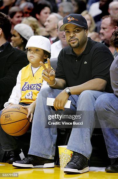 Actor/musician Ice Cube and son O'Shea Jackson Jr. Attend the game between the Los Angeles Lakers and the Dallas Mavericks at the Staples Center on...