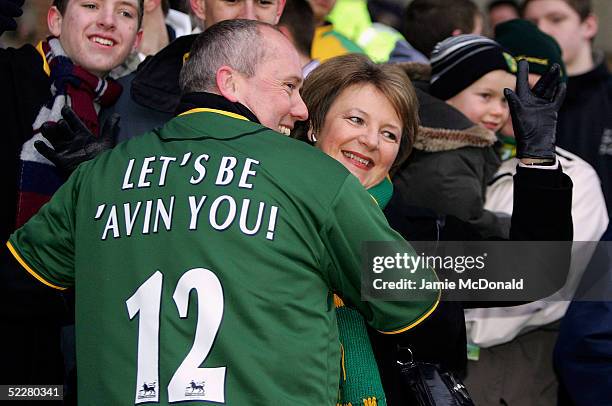 Norwich City Director Delia Smith with a Norwich fan during the Barclays Premiership match between Norwich City and Chelsea at Carrow Road on March...