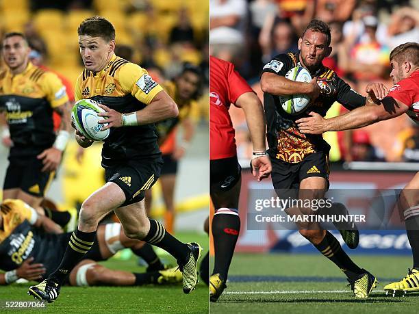 This combination of file pictures created on April 21, 2016 shows Beauden Barrett of the Hurricanes running with the ball during the Super Rugby...