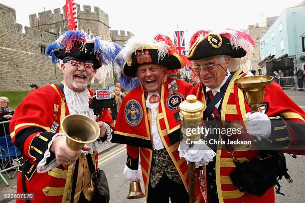 The 'Three Criers' Tony Appleton, Steve Clow and Peter Baker prepare for the Queen's 90th Birthday Walkabout on April 21, 2016 in Windsor, England....