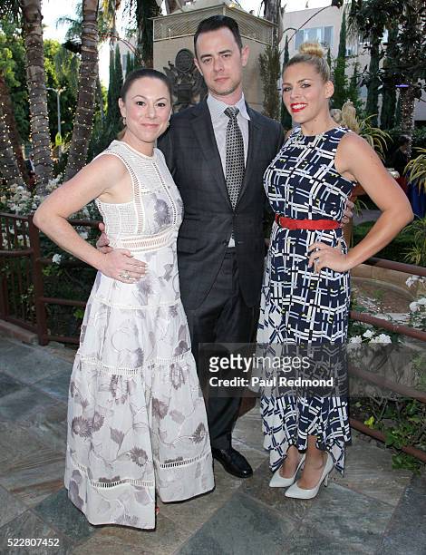 Publicist Samantha Bryant with her husband, actor Colin Hanks and actress Busy Philipps attend the Norma Jean Gala Benefiting Hollygrove at Taglyan...