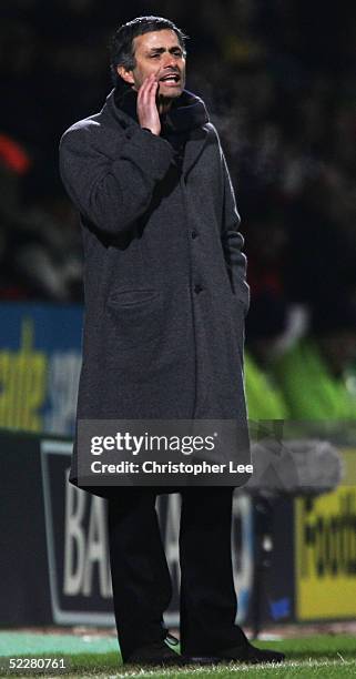 Coach Jose Mourinho of Chelsea shouts orders at his players during the Barclays Premiership match between Norwich City and Chelsea at Carrow Road...