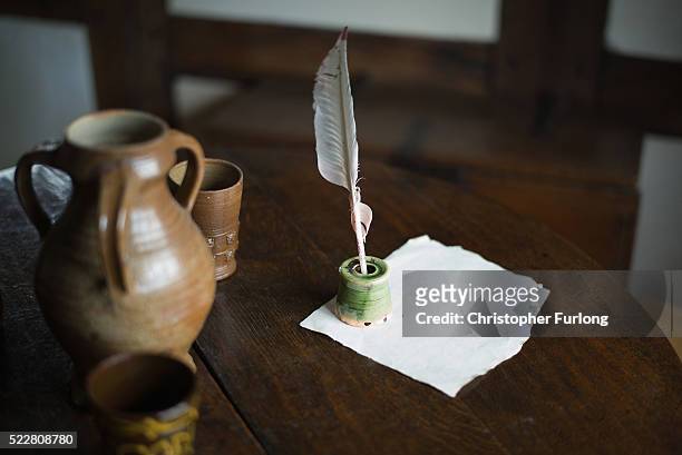 Quill sits on a table at Shakespeare's birthplace on April 19, 2016 in Stratford-upon-Avon, England. 2016 will see the 400th anniversary of William...