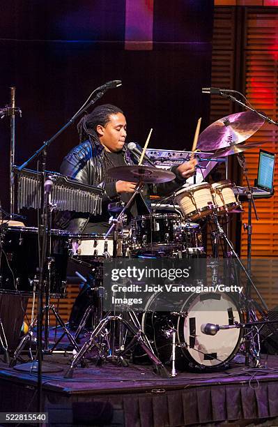 American Jazz musician Jamison Ross plays drum as he performs with Jon Batiste's Stay Human during the Carnegie Hall/Joyce and George Wein Foundation...