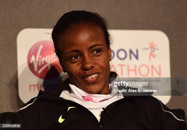 Elite women competitor Mare Dibaba of Ethiopia attends a press conference ahead of the Virgin Money London Marathon at The Tower Hotel on April 21,...