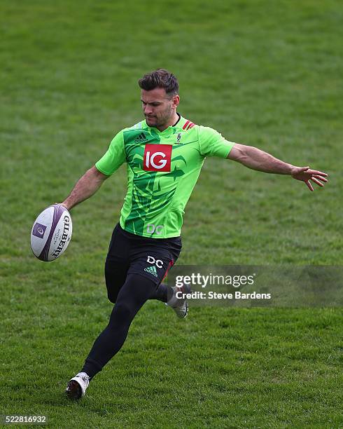 Danny Care of Harlequins practises kicking during the Harlequins captain's run at Twickenham Stoop on April 21, 2016 in London, England.