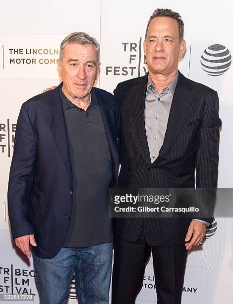 Actors Robert De Niro and Tom Hanks attend 'A Hologram For The King' World Premiere during 2016 Tribeca Film Festival at John Zuccotti Theater at...