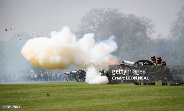 Soldiers, horses and Guns of The King's Troop Royal Horse Artillery take part in a 41 Gun Royal Salute in Hyde Park, central London, on 21 April...