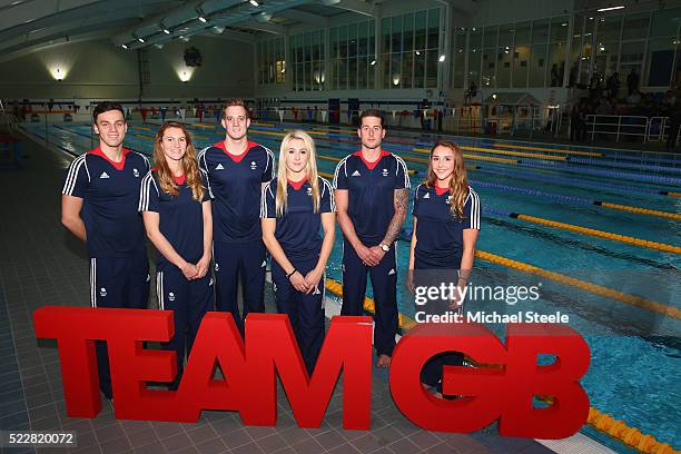 To R: James Guy, Jazz Carlin, Andrew Willis, Siobhan-Marie O'Connor, Chris Walker-Hebborn and Chloe Tutton pose for a group photograph during the...