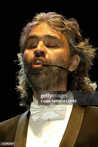 Italian tenor Andrea Bocelli performs at Ricardo Saprissa Stadium in San Jose during a concert with the Costa Rican National Philharmonic Orchestra,...