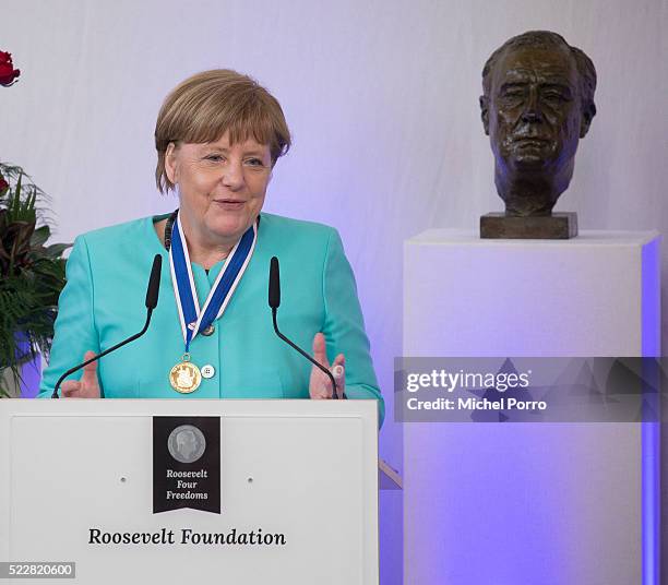 German Chancellor Angela Merkel gives a speech after receiving the Four Freedoms Awards on April 21, 2016 in Middelburg, Netherlands.