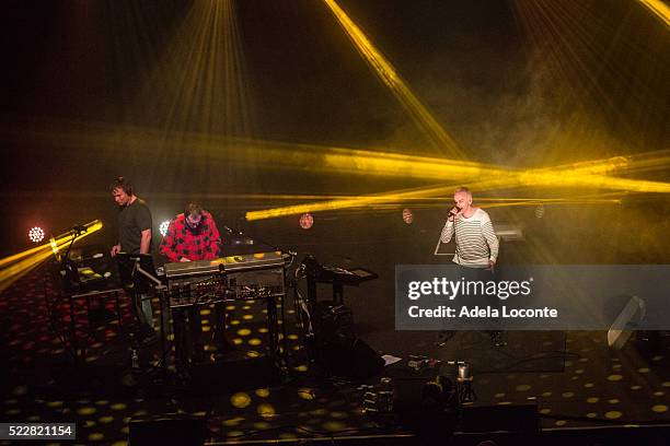 Darren Price, Rick Smith, and Karl Hyde of Underworld perform at Terminal 5 on April 20, 2016 in New York City.