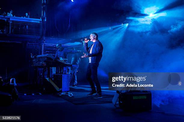 Darren Price, Rick Smith, and Karl Hyde of Underworld perform at Terminal 5 on April 20, 2016 in New York City.