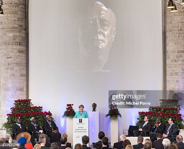 German Chancellor Angela Merkel gives a speech after receiving the Four Freedoms Awards on April 21, 2016 in Middelburg, Netherlands.