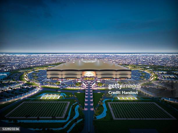 In this handout image supplied by Qatar 2022, is an artist's impression of the Al Bayt Stadium,Al Khor City, a host venue for the 2022 FIFA World Cup...