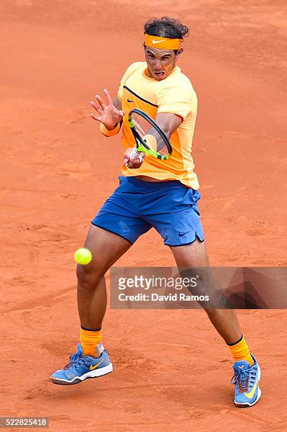 Rafael Nadal of Spain plays a forehand against Albert Montanez during day four of the Barcelona Open Banc Sabadell at the Real Club de Tenis...