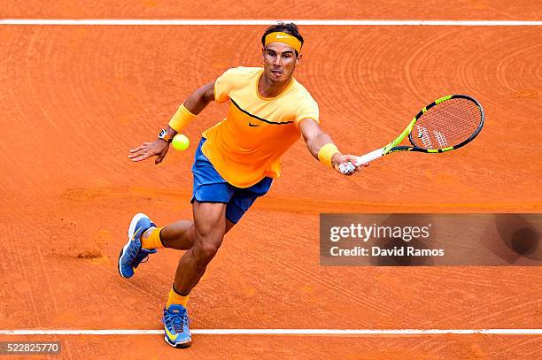 Rafael Nadal of Spain plays a forehand against Albert Montanez during day four of the Barcelona Open Banc Sabadell at the Real Club de Tenis...