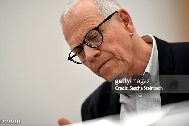 Chairman and curator Beat Wismer looks on during the 'Jean Tinguely. Super Meta Maxi' exhibition press conference at Museum Kunstpalast on April 21,...