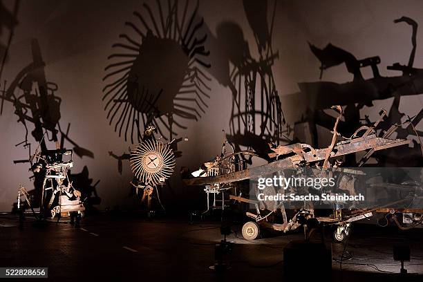 Art works of Jean Tinguely are seen prior to the 'Jean Tinguely. Super Meta Maxi' exhibition at Museum Kunstpalast on April 21, 2016 in Duesseldorf,...