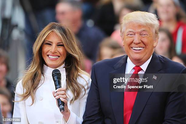 Republican presidential candidate Donald Trump sits with his wife Melania Trump while appearing at an NBC Town Hall at the Today Show on April 21,...