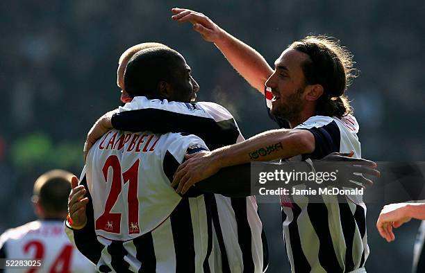 Kevin Campbell celebrates his goal for West Bromwich Albion with Jonathan Greening during the Barclays Premiership match between West Bromwich Albion...