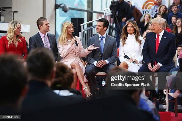 Republican presidential candidate Donald Trump sits with his wife Melania Trump and from left: daughter Tiffany, son Eric, daughter Ivanka and son...