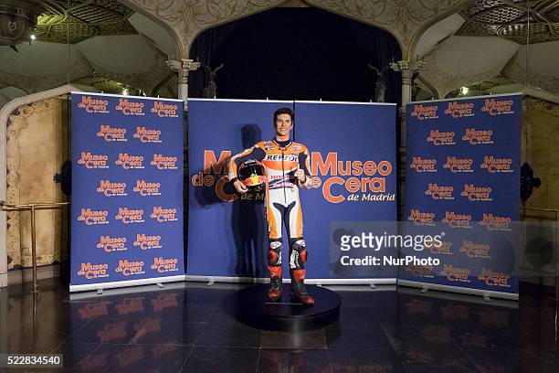 Marc Marquez's Wax figure at Wax Museum on April 21, 2016 in Madrid, Spain. The wax figure, in honor of his sport career, is presented just before...